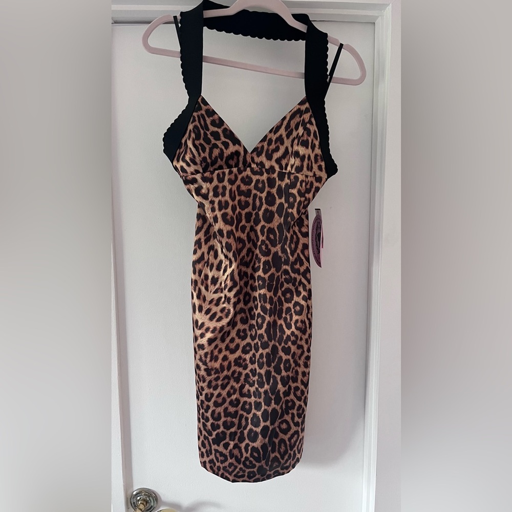 Patricia Field Barbie Satin leopard print halter dress size 8 BNWT